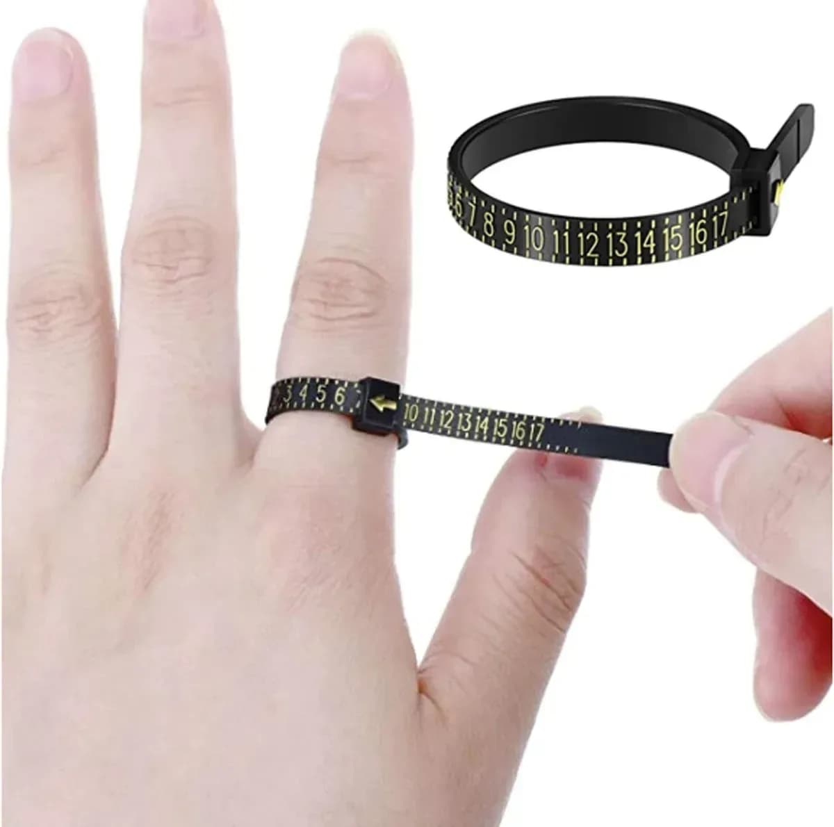 reusable ring sizer looped on a finger to find US ring size