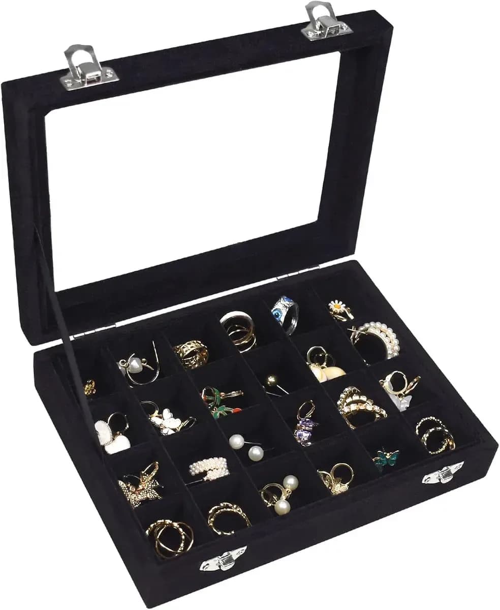 velvet jewelry box with glass lid in black