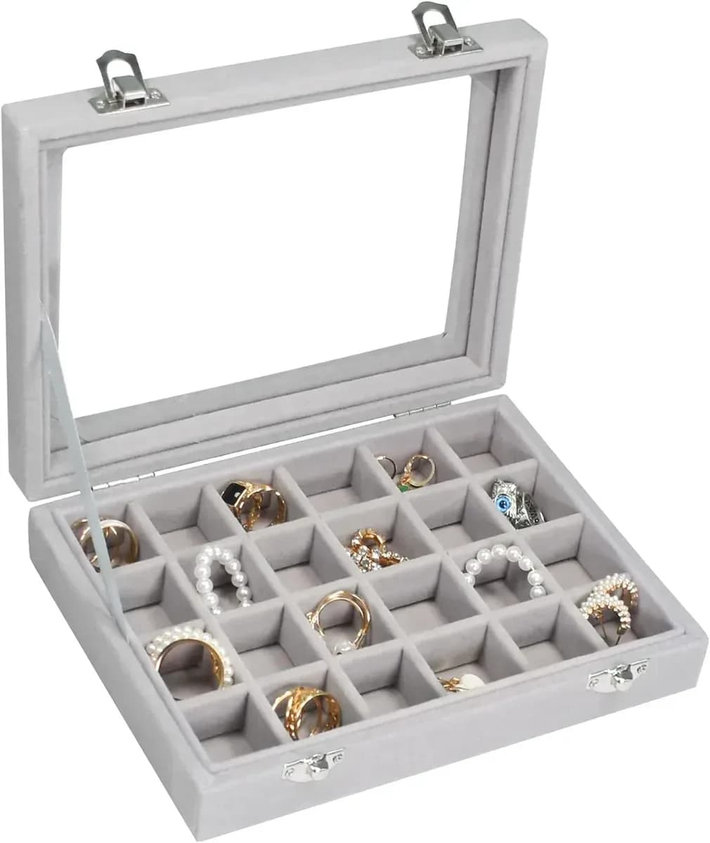 velvet jewelry box with glass lid in gray