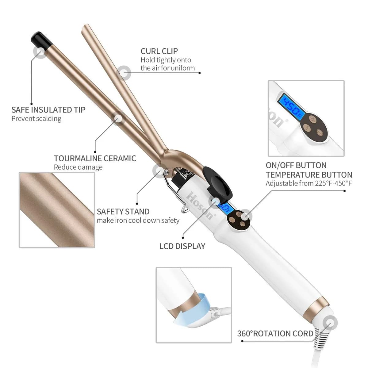 1/2 inch curling iron features: insulated tip, curl clip, LCD display and swivel cord