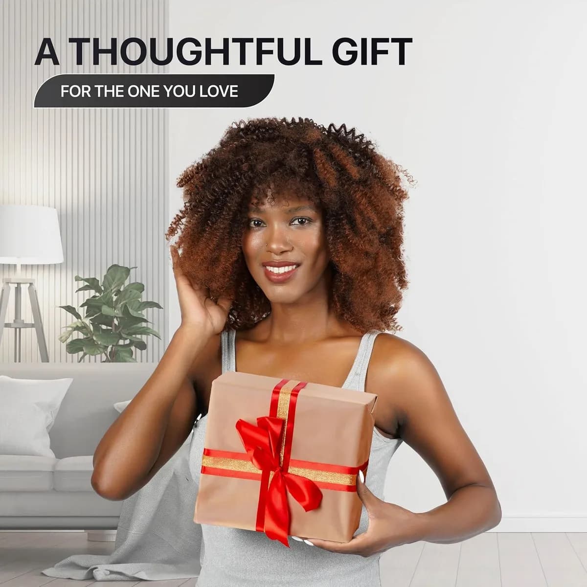 woman holding a gift box with a hooded hair dryer attachment