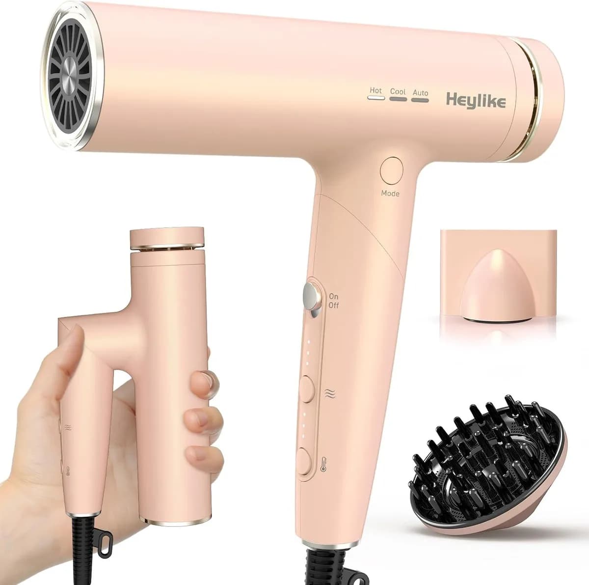 foldable ionic hair dryer in pink with concentrator and diffuser