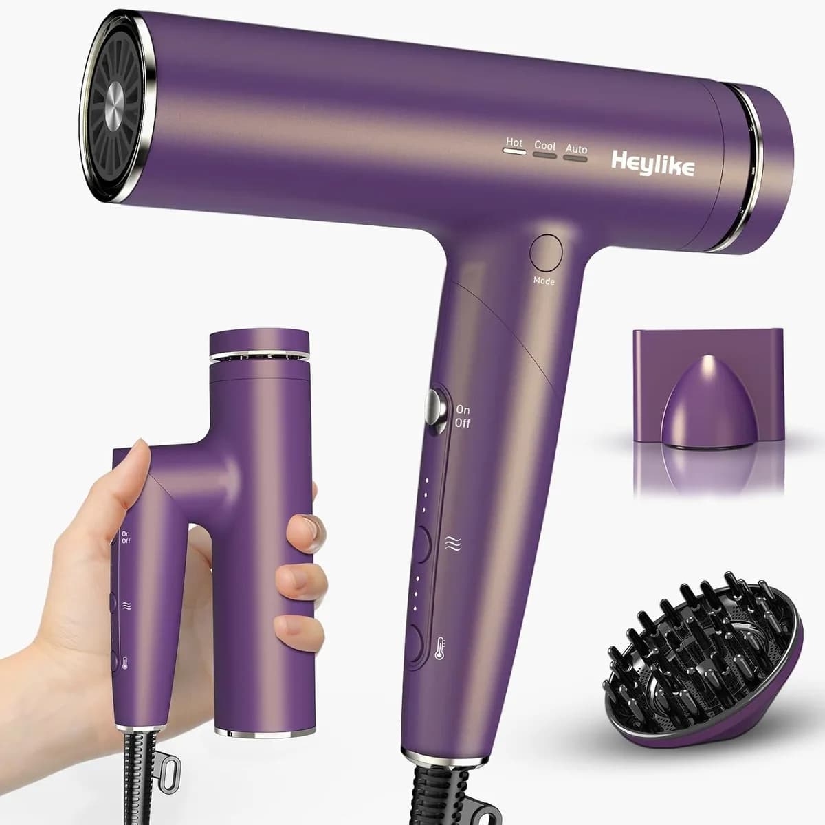 foldable ionic hair dryer in purple with concentrator and diffuser