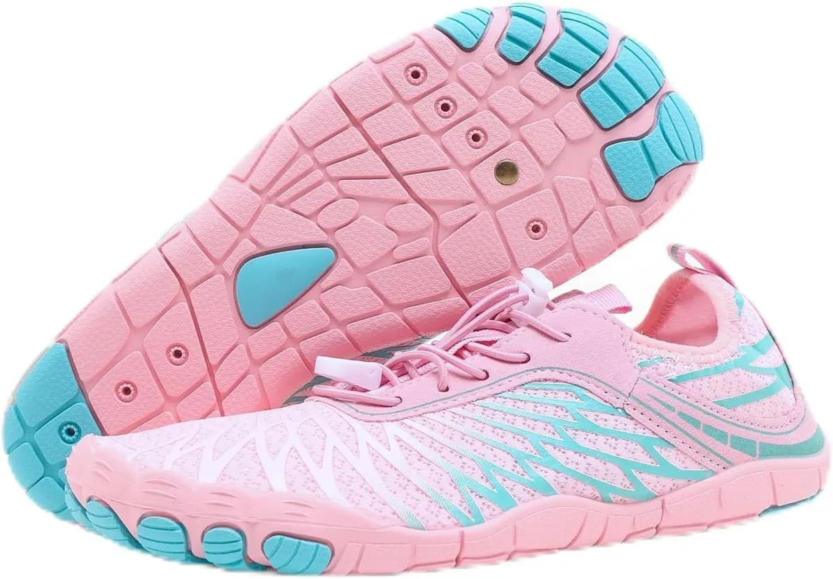 pink barefoot shoes with wide toe box and aqua sole