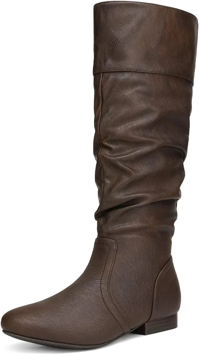 brown slouchy knee high boots for women with low heel