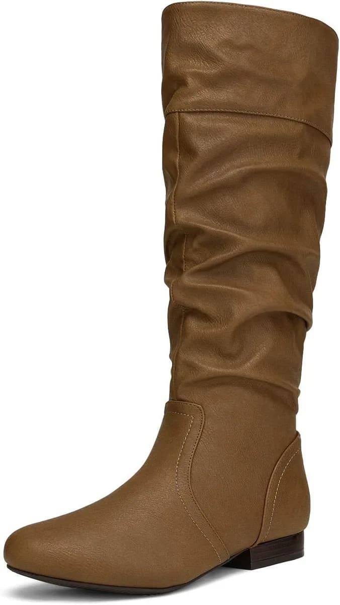 camel slouchy knee high boots for women with low heel