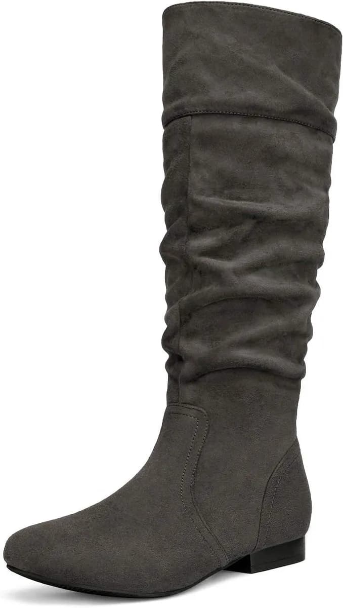 grey slouchy knee high boots for women with low heel