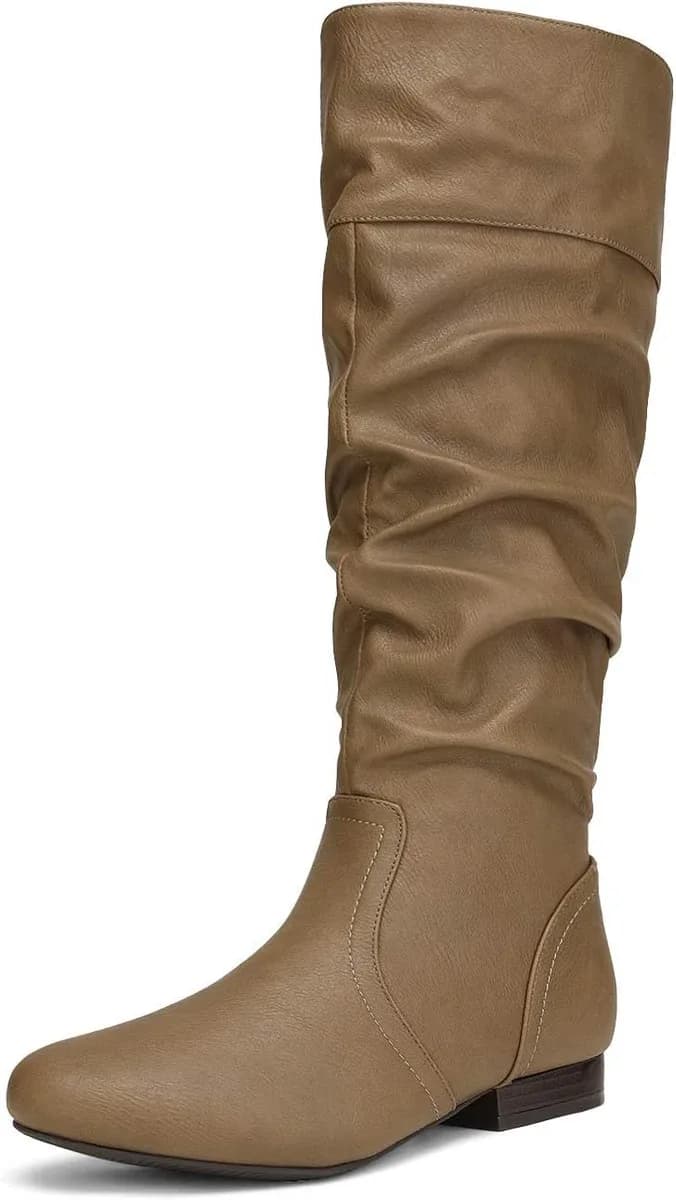 khaki slouchy knee high boots for women with low heel