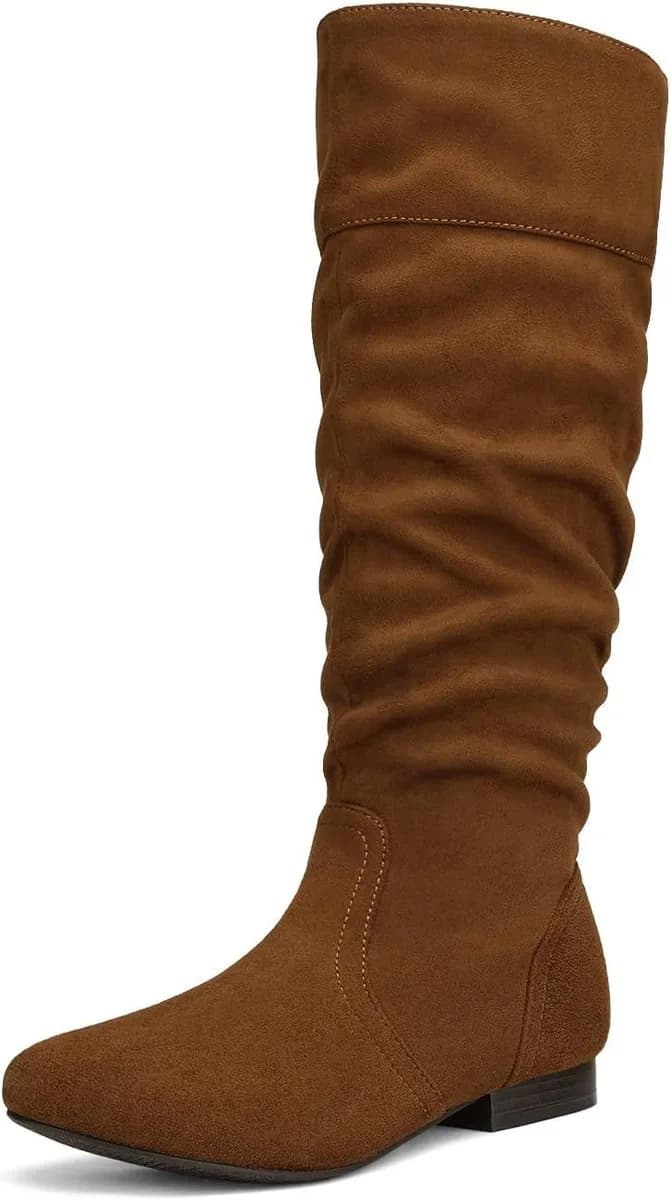 tan slouchy knee high boots for women with low heel
