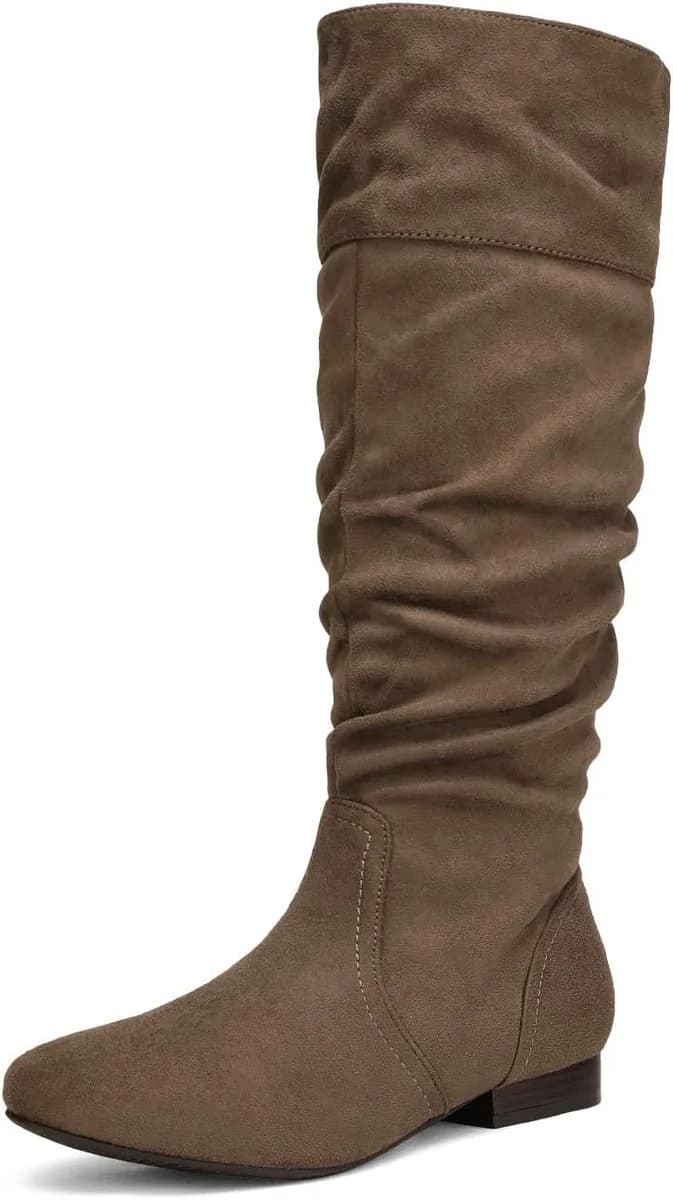 taupe slouchy knee high boots for women with low heel