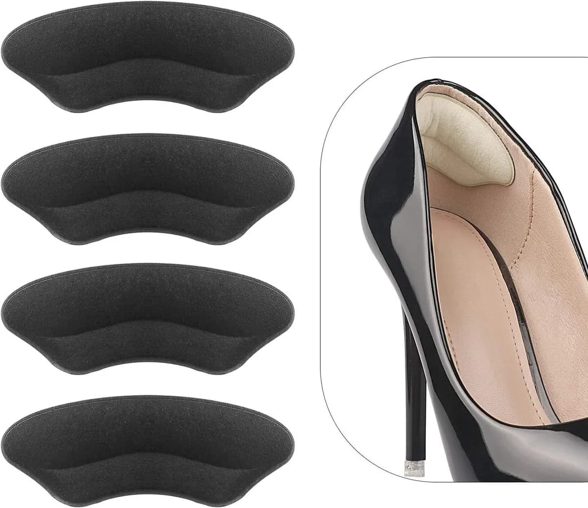 black heel grips for loose shoes, 4 pairs, shown inside a high heel