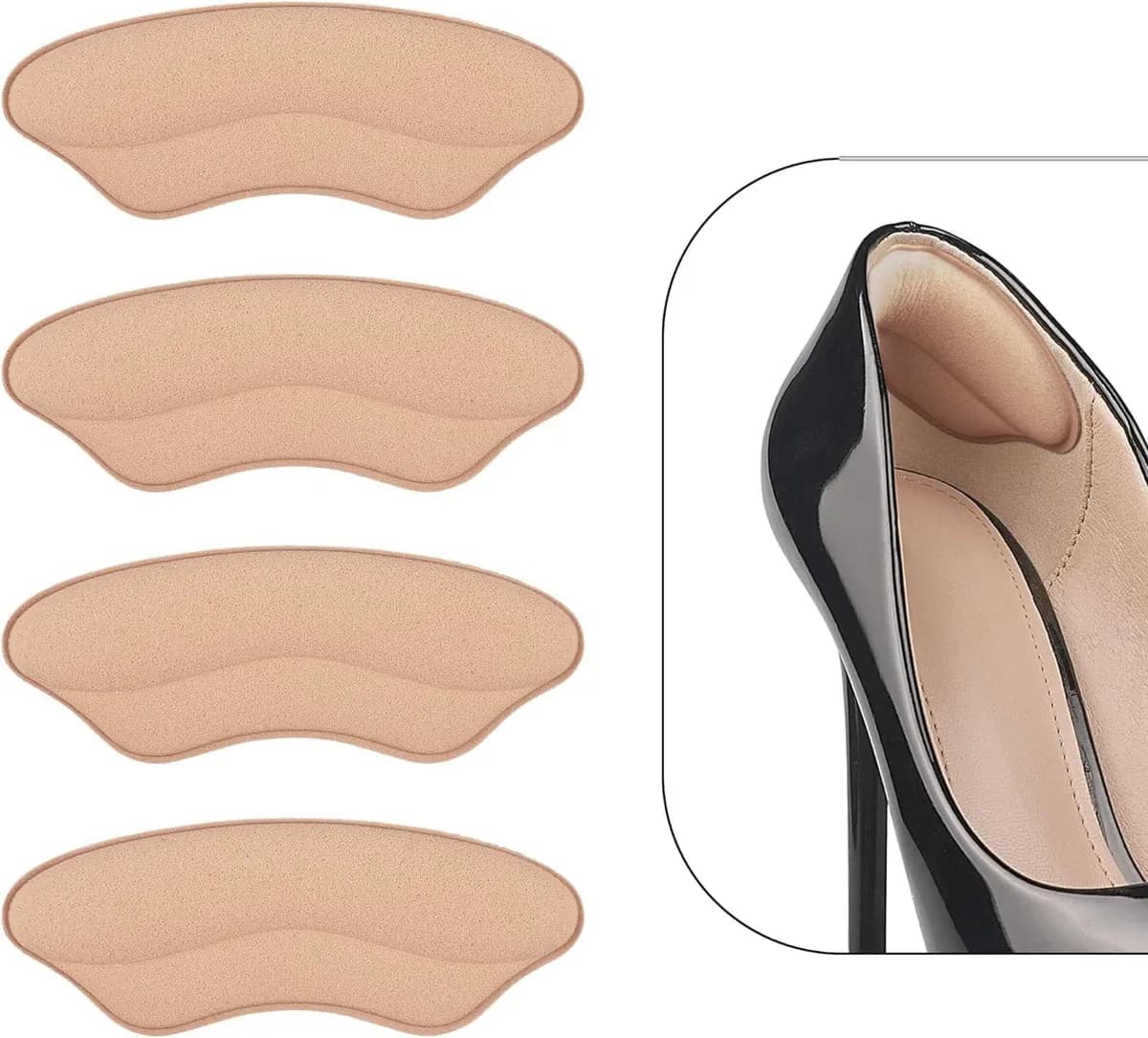 nude heel grips for loose shoes, 4 pairs, shown inside a high heel