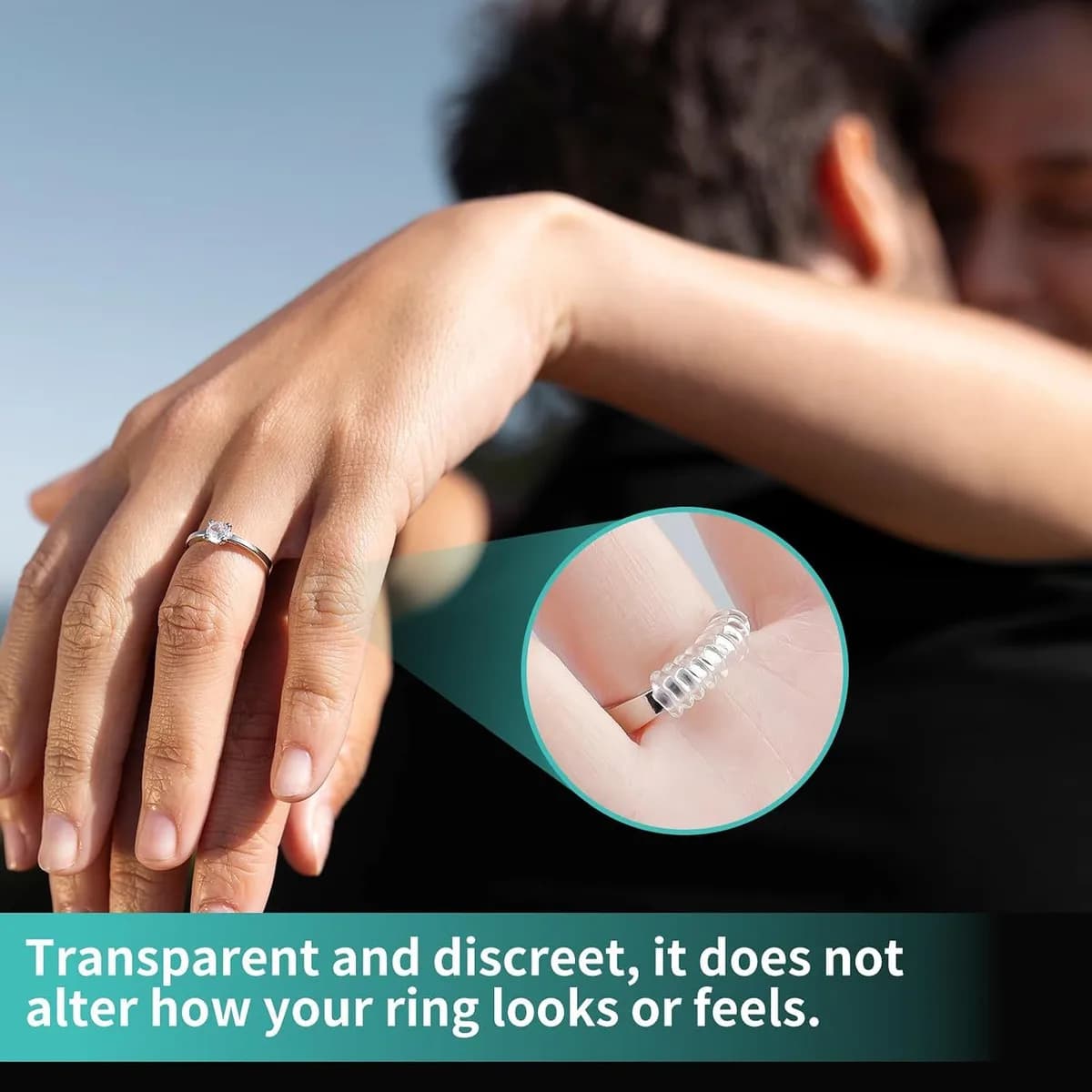ring size adjuster worn inside a ring, clear and discreet on the hand