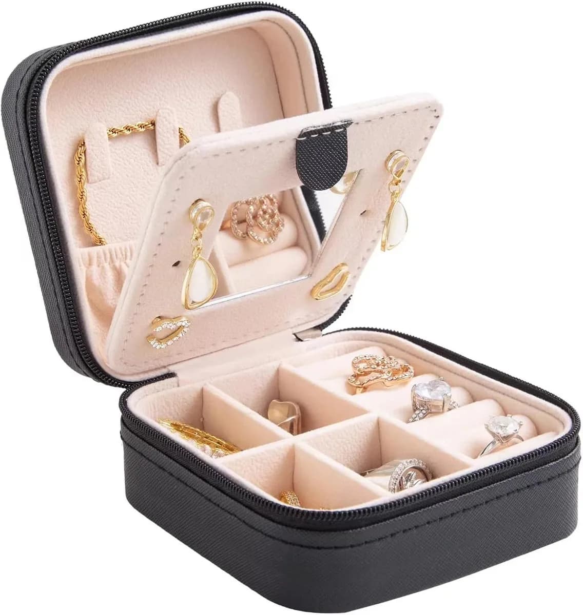mini travel jewelry box with mirror in black