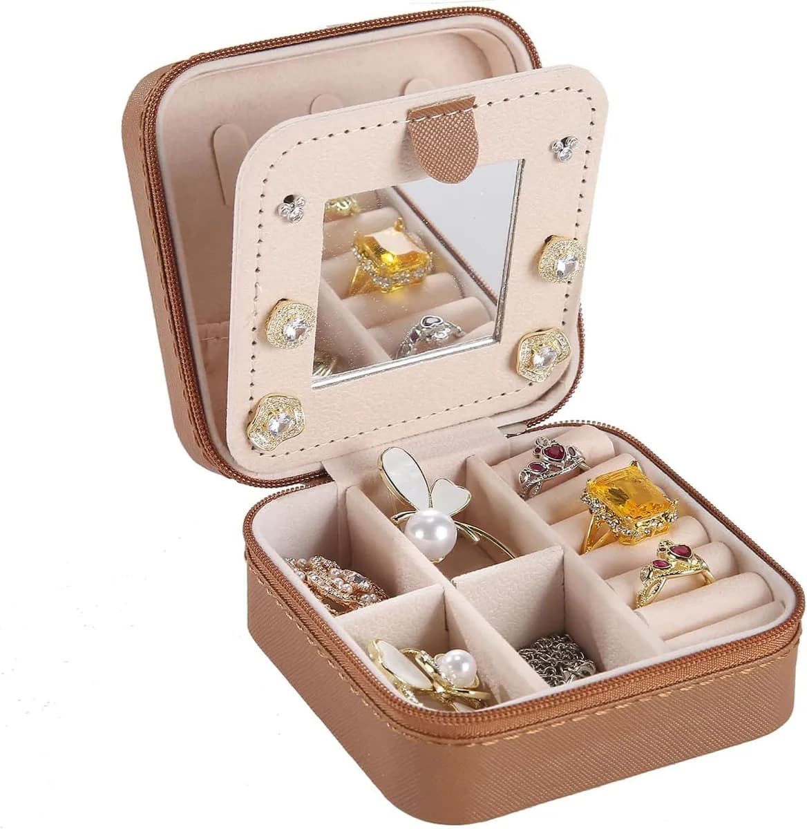 mini travel jewelry box with mirror in coffee brown