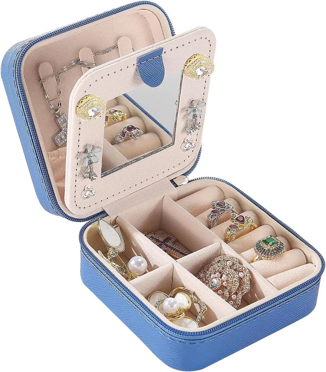mini travel jewelry box with mirror in deep blue