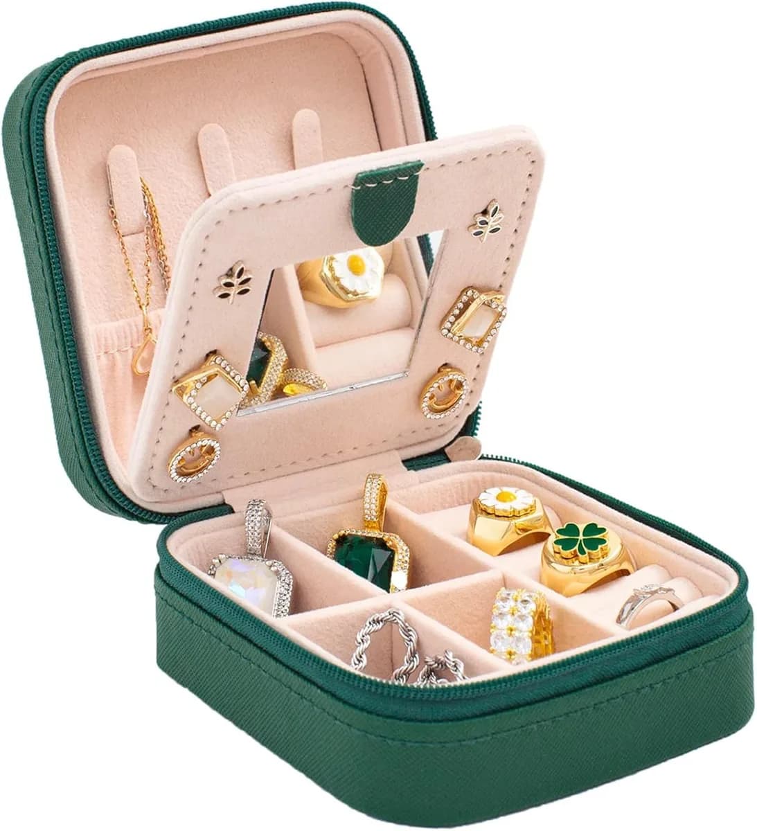 mini travel jewelry box with mirror in dark green