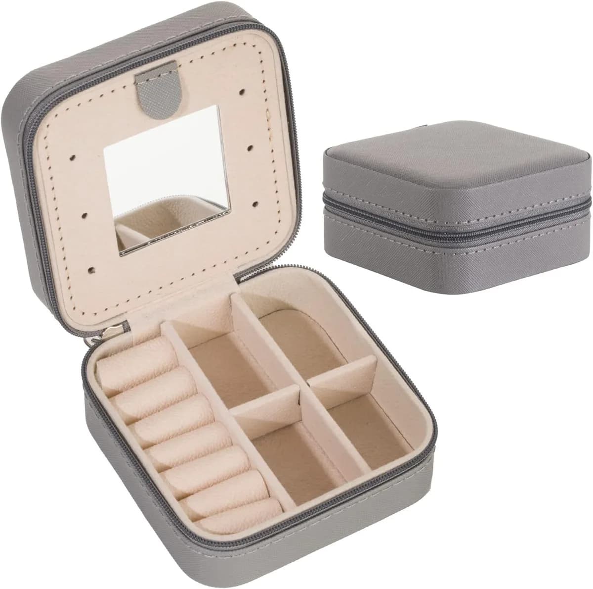 mini travel jewelry box with mirror in grey