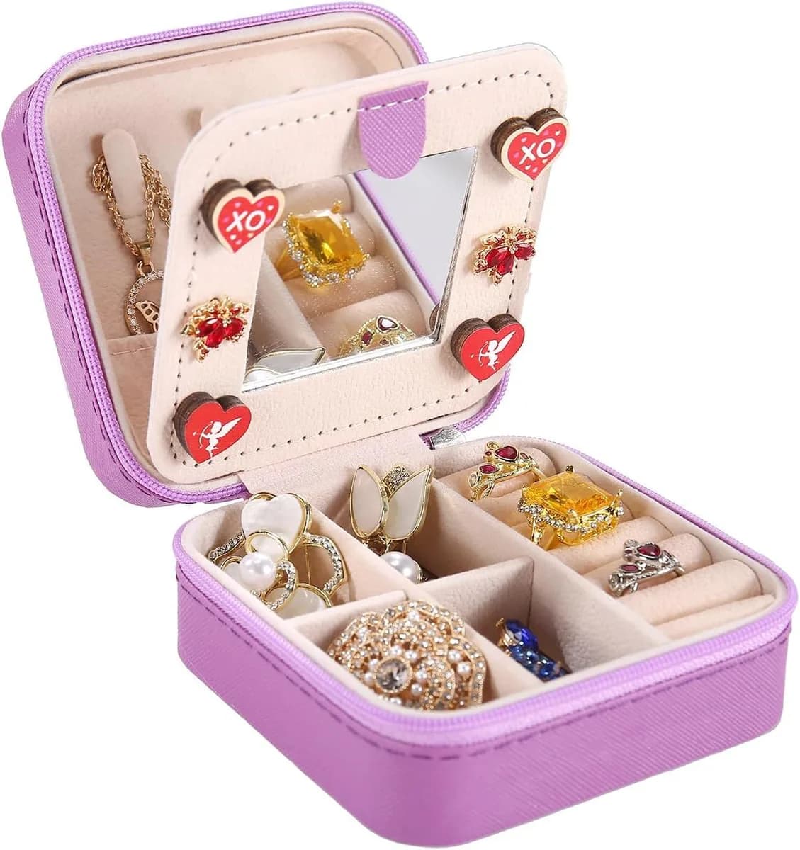 mini travel jewelry box with mirror in purple