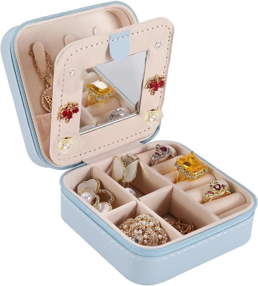 mini travel jewelry box with mirror in sky blue