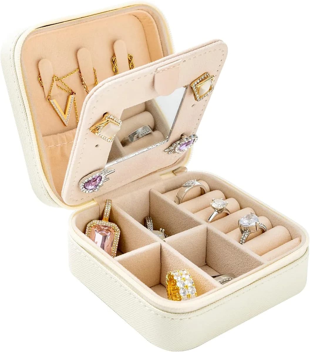 mini travel jewelry box with mirror in white