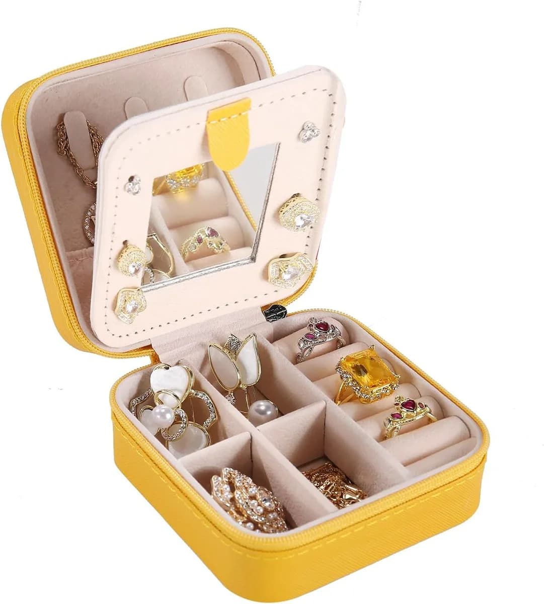 mini travel jewelry box with mirror in yellow