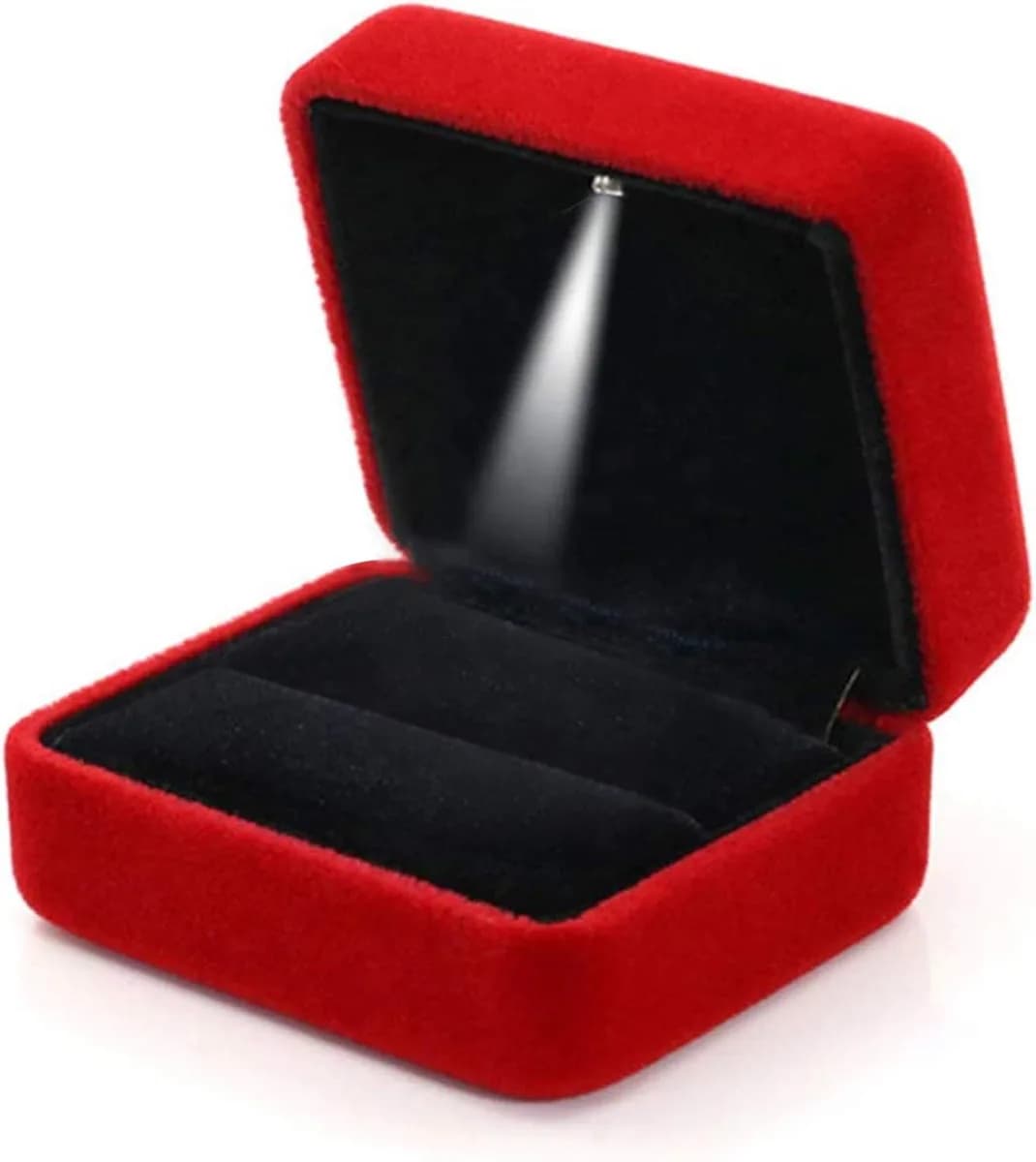 red velvet LED ring box open with the light on