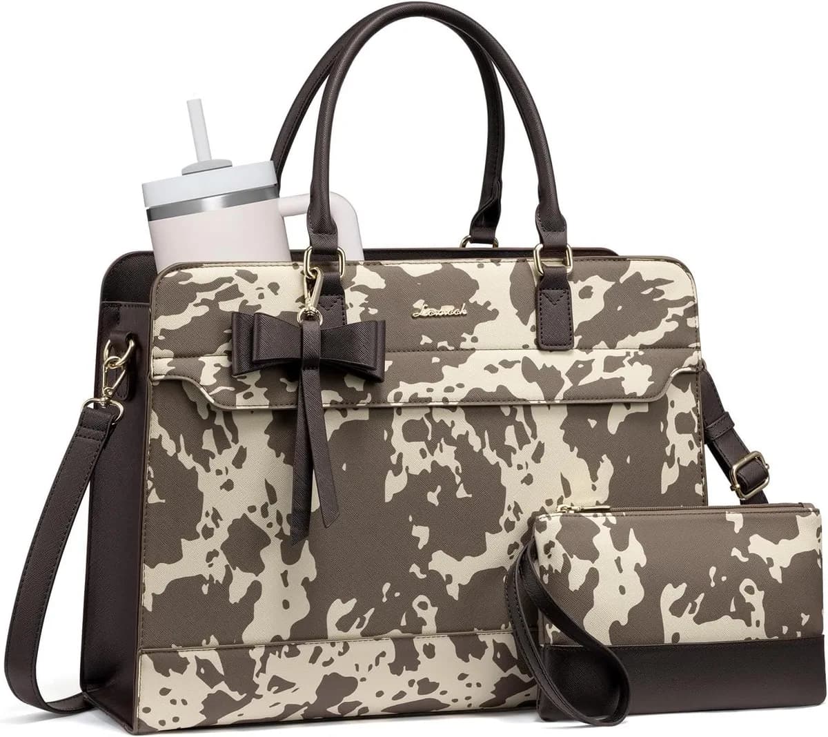 brown cow print laptop tote bag for women