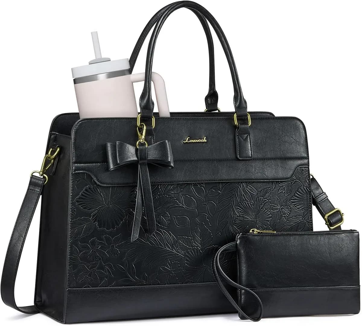 embossed black laptop tote bag for women