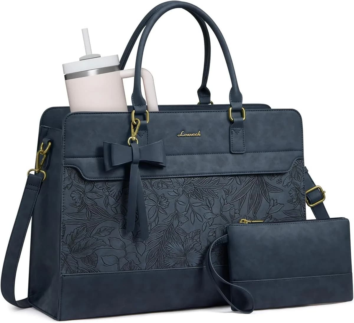 embossed blue laptop tote bag for women