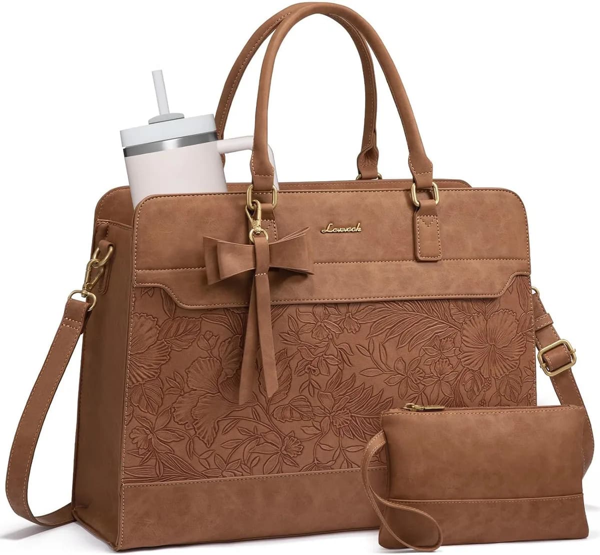 embossed brown laptop tote bag for women