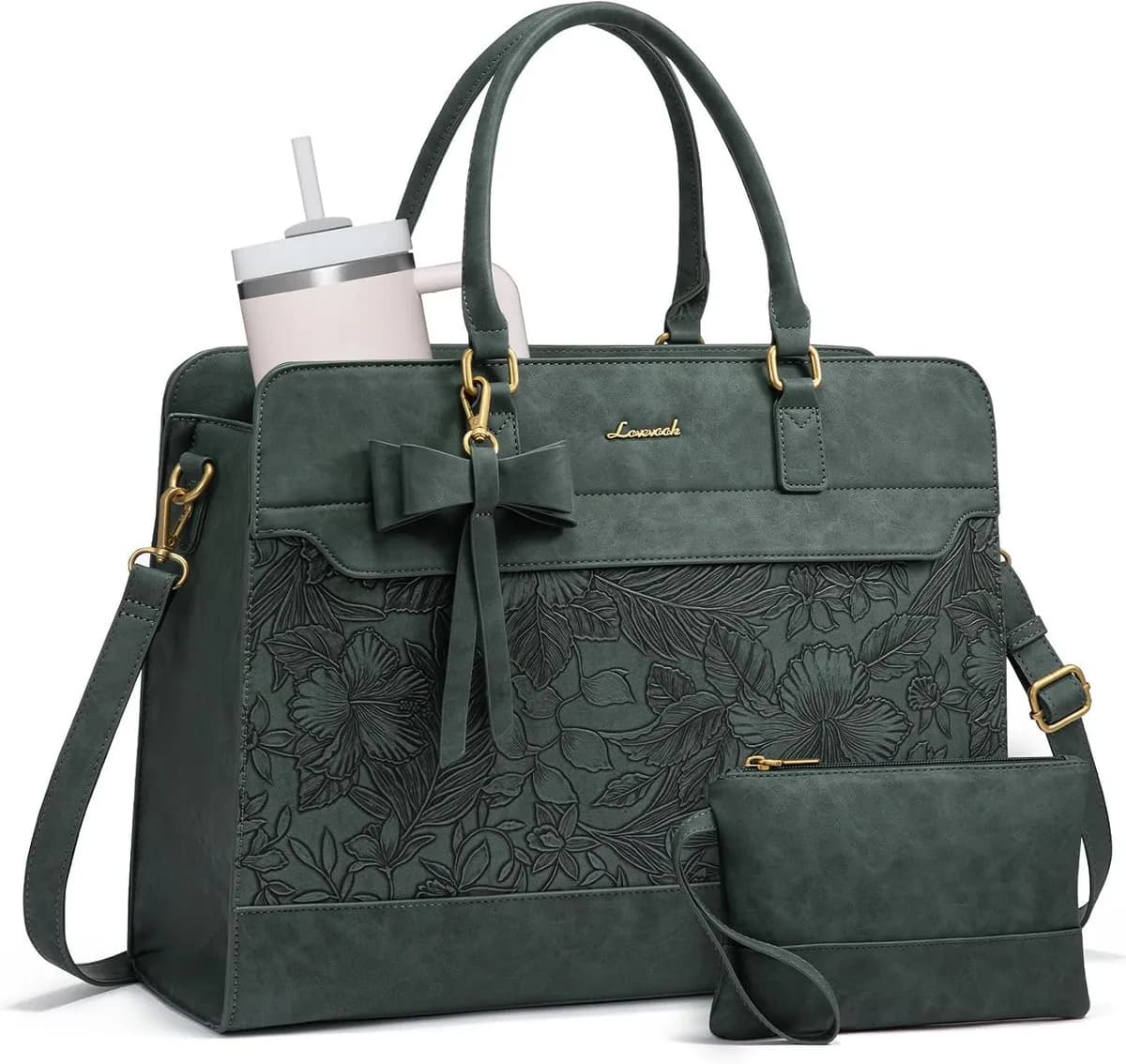 embossed green laptop tote bag for women