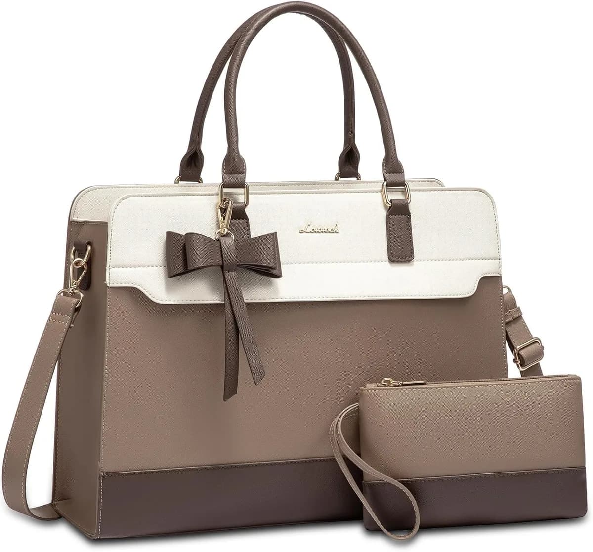 off-white and khaki laptop tote bag for women