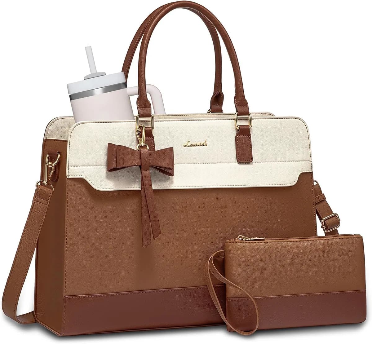 white and brown laptop tote bag for women