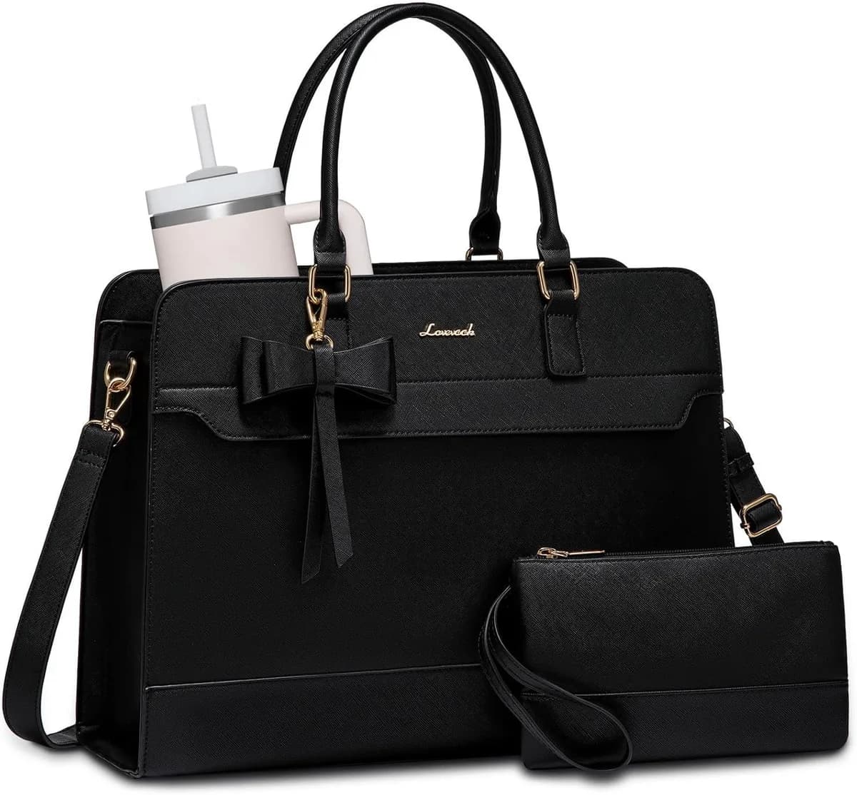 black laptop tote bag with bow and clutch
