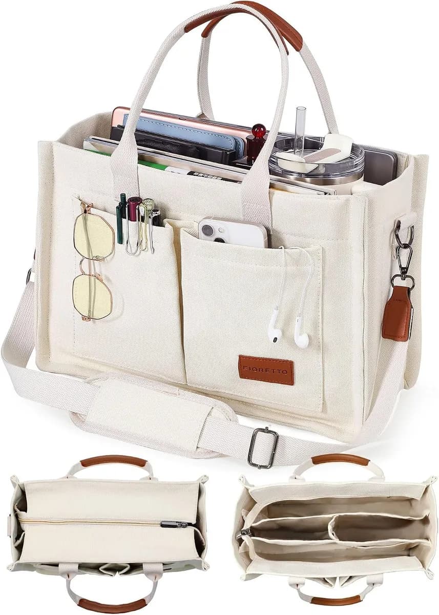 beige canvas tote bag with zipper and pockets