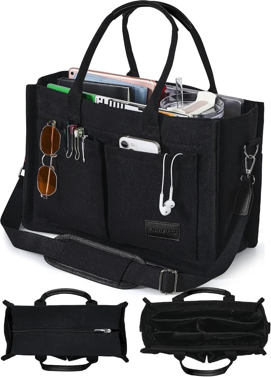 black canvas tote bag with zipper and pockets