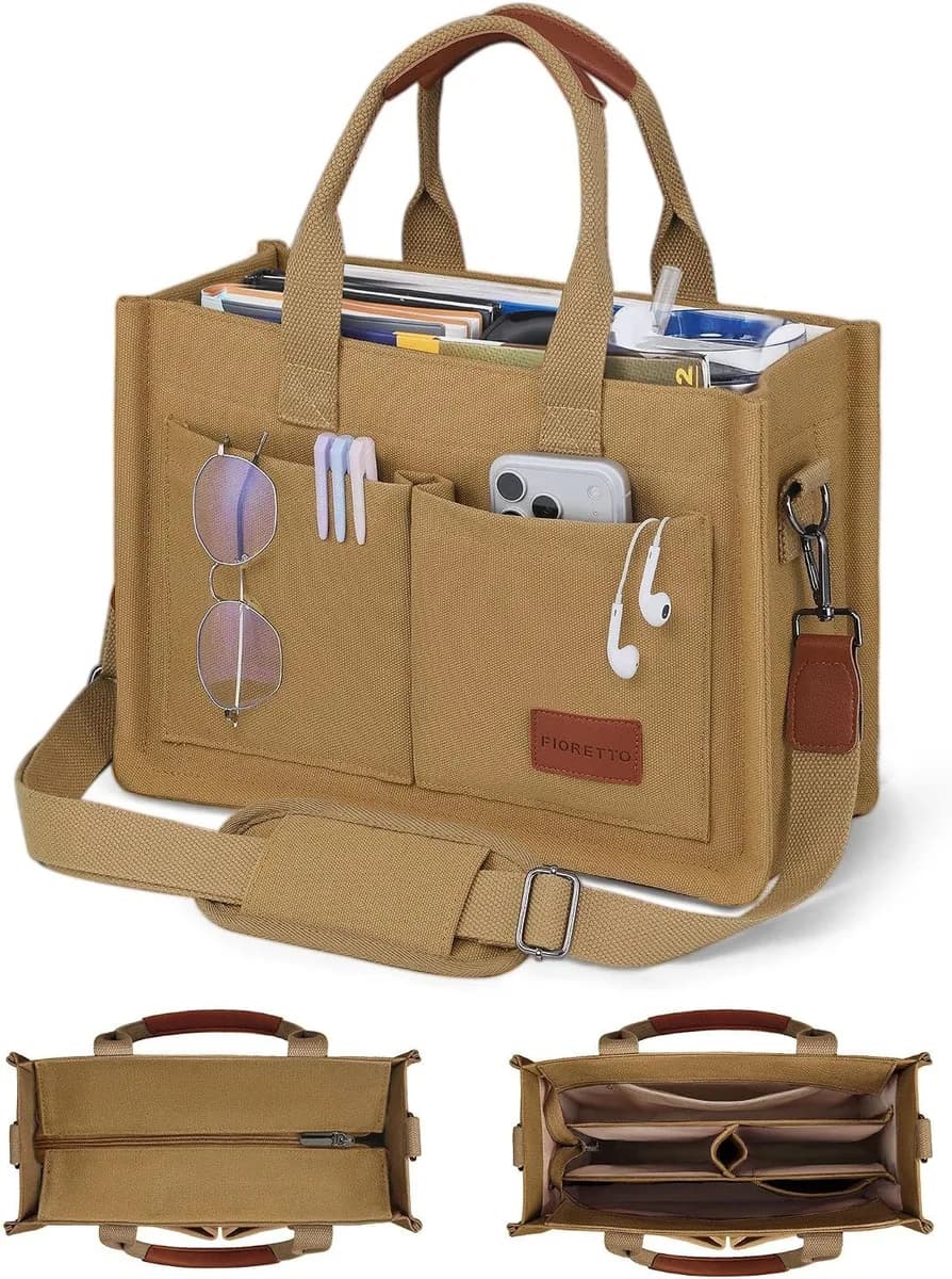 brown canvas tote bag with zipper and pockets