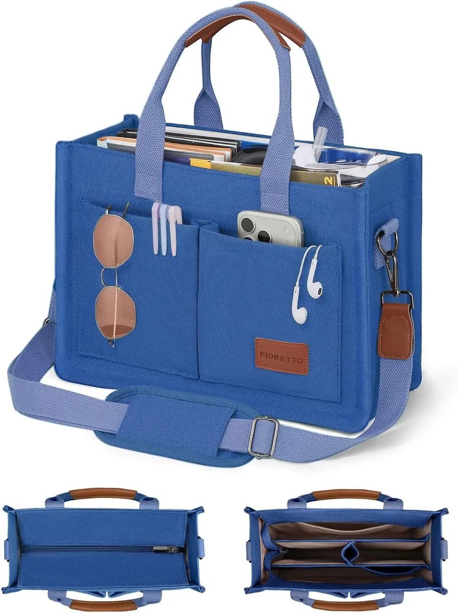 dark blue canvas tote bag with zipper and pockets