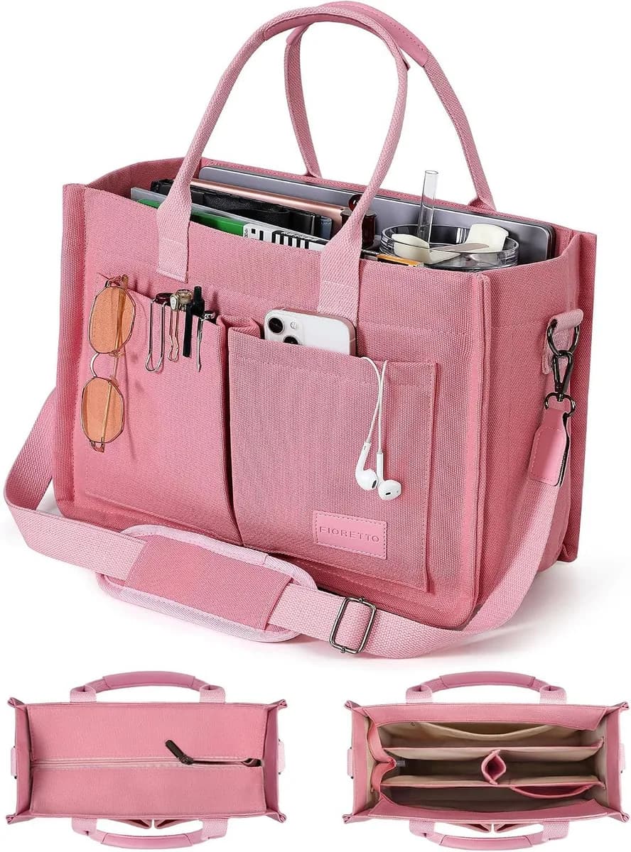 pink canvas tote bag with zipper and pockets
