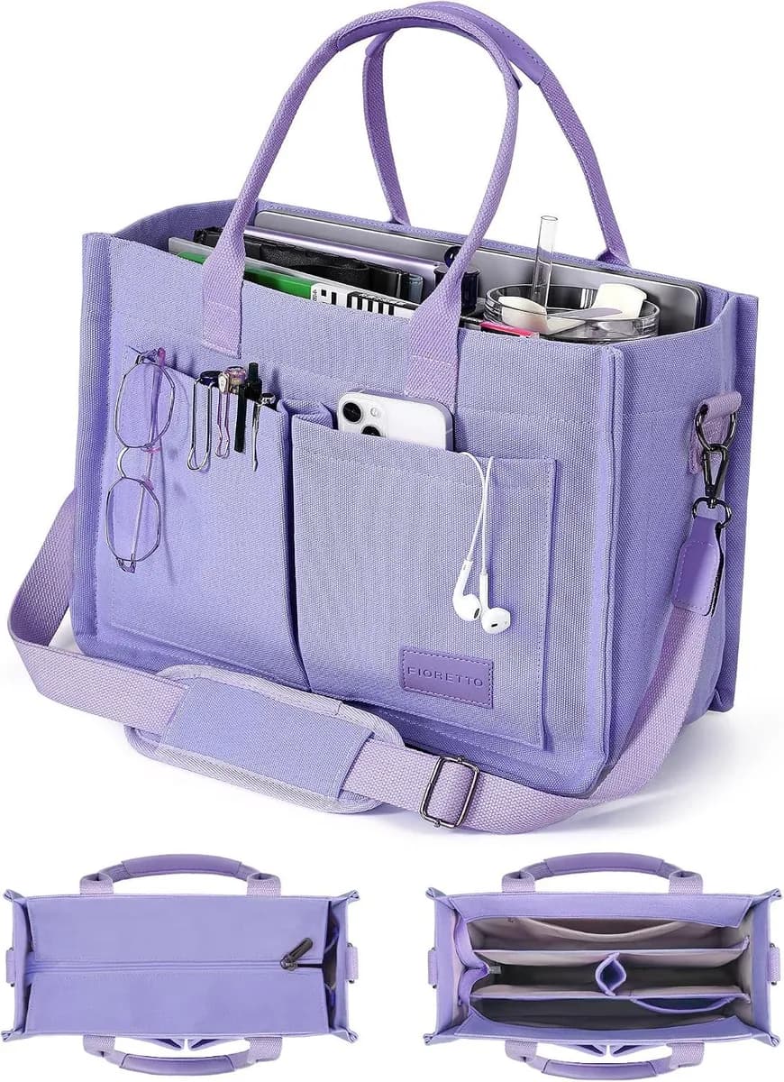 purple canvas tote bag with zipper and pockets