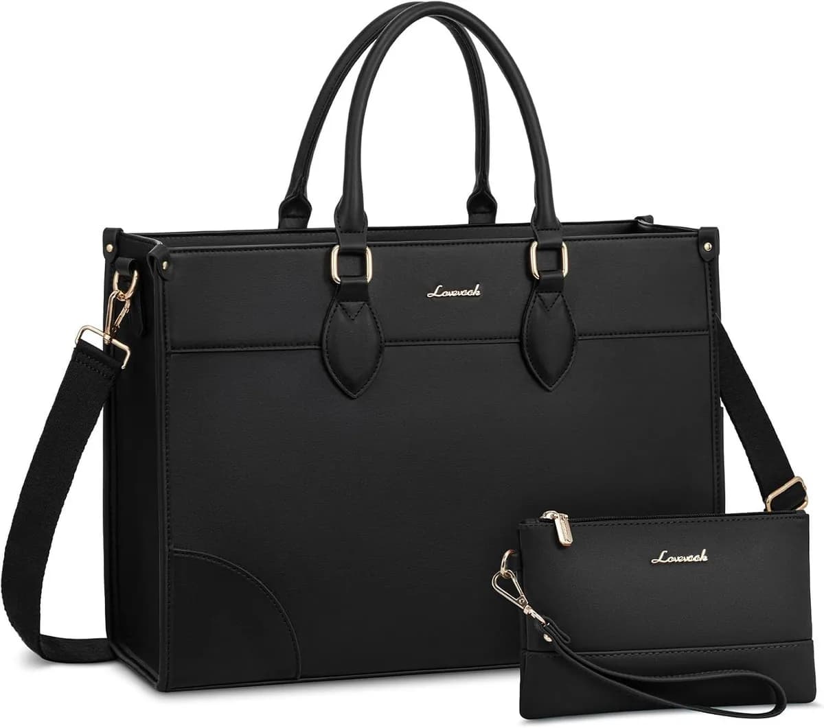 black laptop tote bag with matching clutch