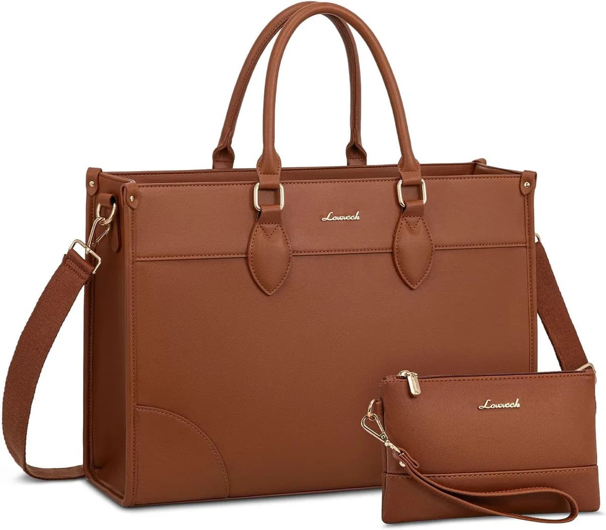 yellowish brown laptop tote bag with matching clutch