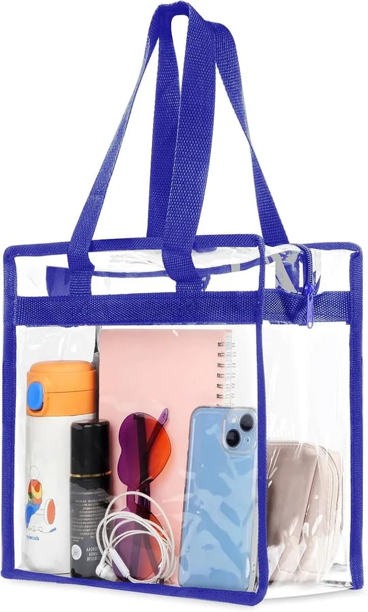 clear stadium tote bag with navy blue trim