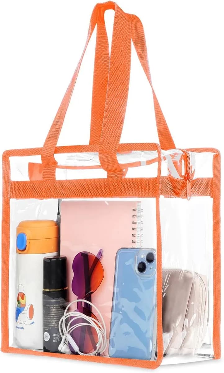 clear stadium tote bag with orange trim