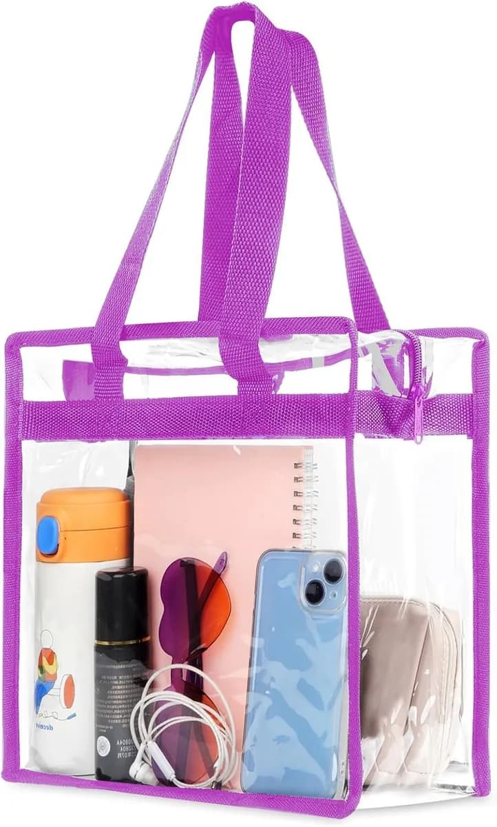 clear stadium tote bag with purple trim