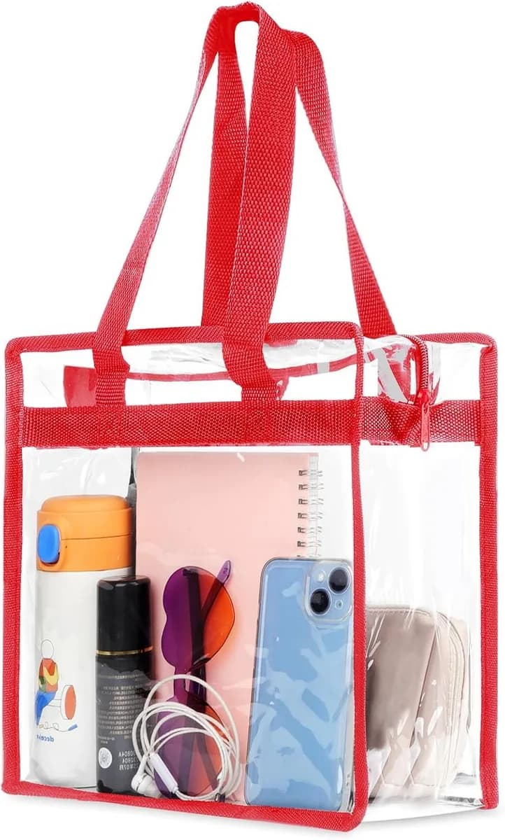 clear stadium tote bag with red trim