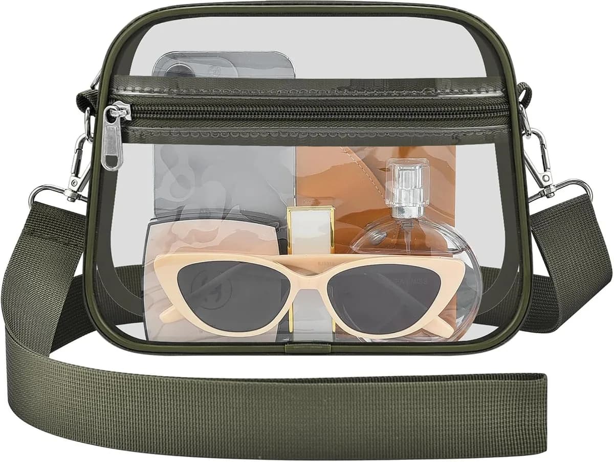 clear crossbody bag with army green trim