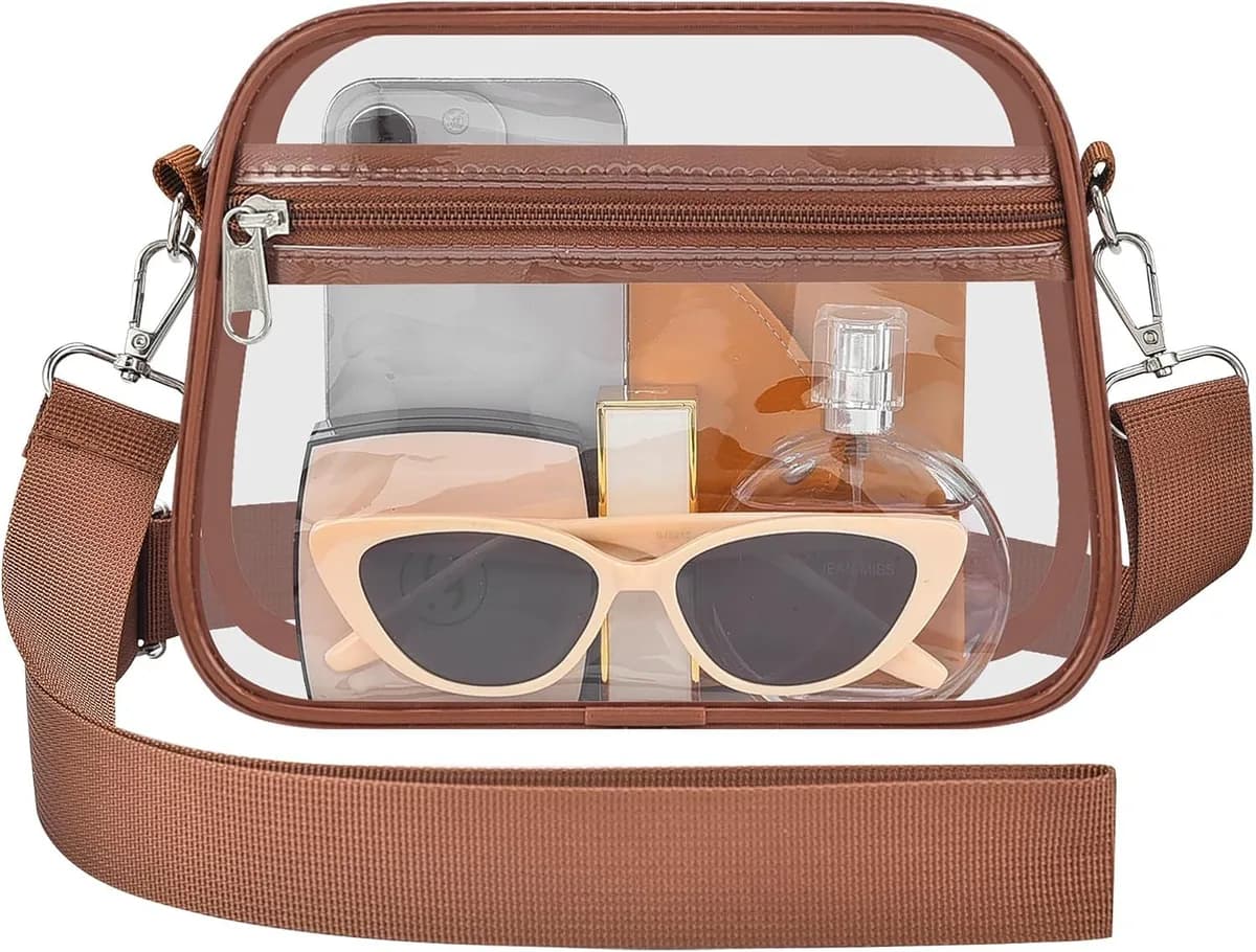 clear crossbody bag with coffee brown trim