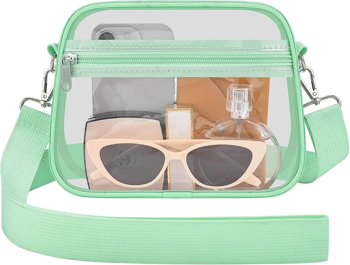 clear crossbody bag with light green trim